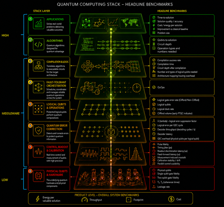 Layered quantum computing stack from physical qubits through control, QEC, logical operations, orchestration, compilation, algorithms and applications