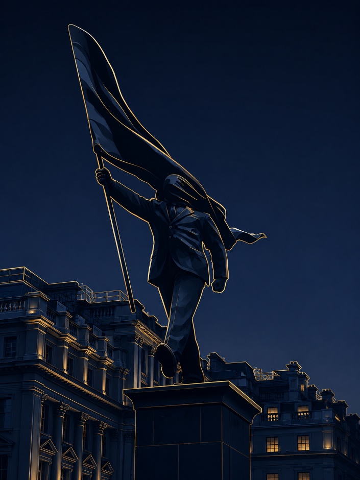 Statue carrying a flag against a dark city skyline