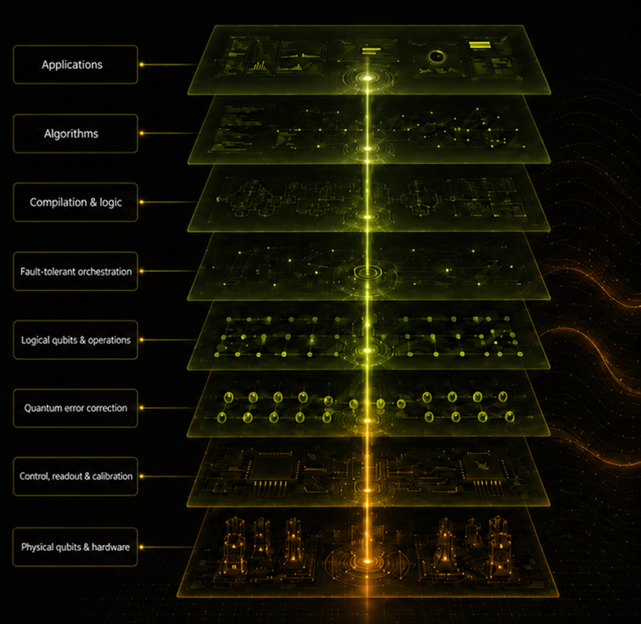 Layered architecture view of a fault-tolerant quantum computer from physical qubits and hardware through applications
